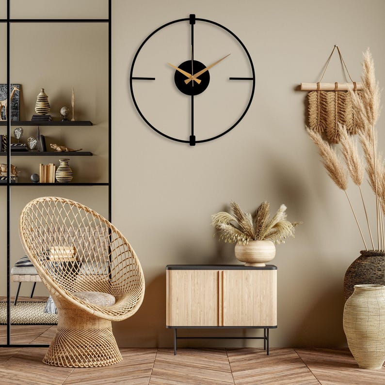 Black Minimalist Clock, Boho Wall Clock, Living room Metal Clock, Wall Clock Art, Design Wall Clock,Silent Modern Wall Clock,Home Decor Gift zdjęcie 2