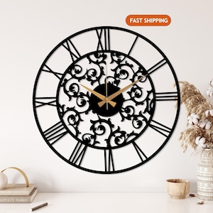 Unique Metal Wall Clock, Roman Numeral Clock, Silent Scroll Wall Clock, Extra Large Wall Clock, Minimalist Office Clock, Modern Design Clock