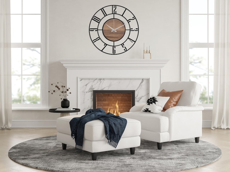 Black Large Wall Clock, Modern Wooden Wall Clock, Mid Century Silent Clock, Retro Wall Clock, Unique Clock for Wall, Metal Wooden Home Clock image 5