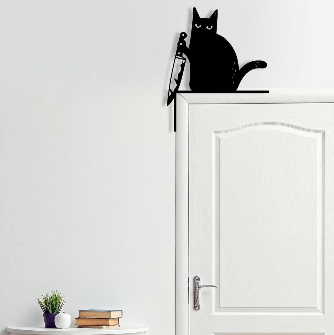 Halloween Funny Black Cat With Knife Decor, Door Frame Cat Decor