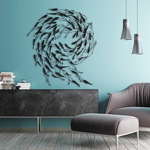 Arte da parete con pesci in metallo, insegna da parete della famiglia dei pesci, insegna di stormo di pesci, arte da parete nautica, decorazione d'interni a tema marino, decorazione per l'home office, decorazione per il mare immagine 2