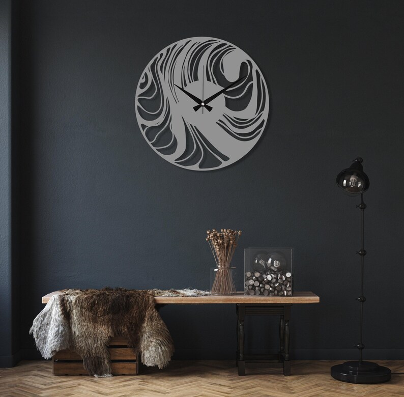 Abstract Metal Wall Clock, Mid-Century Contemporary Clock, Black Large Modern Wall Art, Minimalist Unique Home Decor, Wanduhr,Horloge Murale Silver