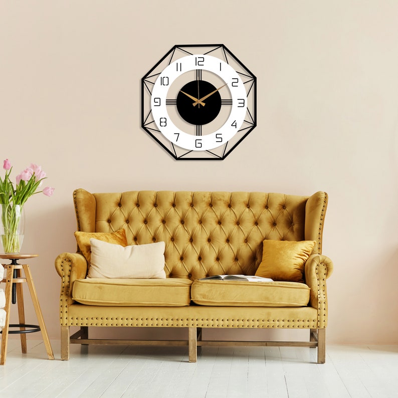 Grande horloge murale moderne, métal avec horloge en bois du milieu du siècle, horloge pour mur, horloge murale de bureau à domicile, horloge unique silencieuse, décor de salon image 5