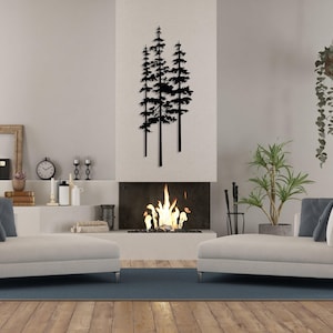 Eine Familie von Kiefernbäumen Metallwandkunst, extragroße Baumdekoration, Wandbehang im Freien, Wohnkultur, Waldwandkunst, Bauernhausdekor, Kamin
