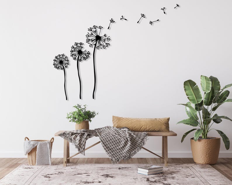 Decorazione murale in metallo a forma di fiore di tarassaco, arte murale con tarassaco, decorazione unica per la casa, decorazione naturale per il soggiorno, tarassaco Patel, semi volanti di Pusteblume Black