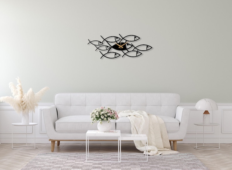 Black Fish Metal Clock, Art Wall Clock, Kitchen Wall Clock, Design Wall Clock, Minimalist Silent Clock, Horloge Murale,Clock for Living Room image 7
