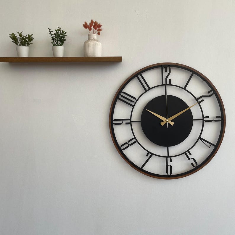 Mid Century Modern Wall Clock, Metal with Wooden Wall Clock, Oversize Silent Clock, Unique Home Clock, Farmhouse Wall Clock,Design Clock Art image 3