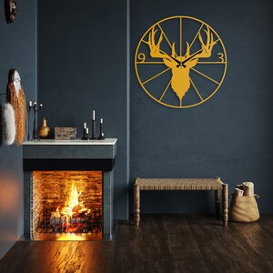 Metal Deer Wall Clock, Deer Head Wall Clock, Farmhouse Wall Clock, Mid-century Oversize Wall Clock, Outdoor Metal Wall Clock, Horloge Murale Gold
