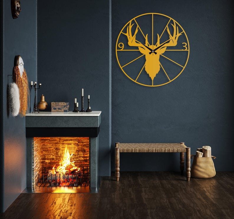 Metal Deer Wall Clock, Deer Head Wall Clock, Farmhouse Wall Clock, Mid-century Oversize Wall Clock, Outdoor Metal Wall Clock, Horloge Murale Gold