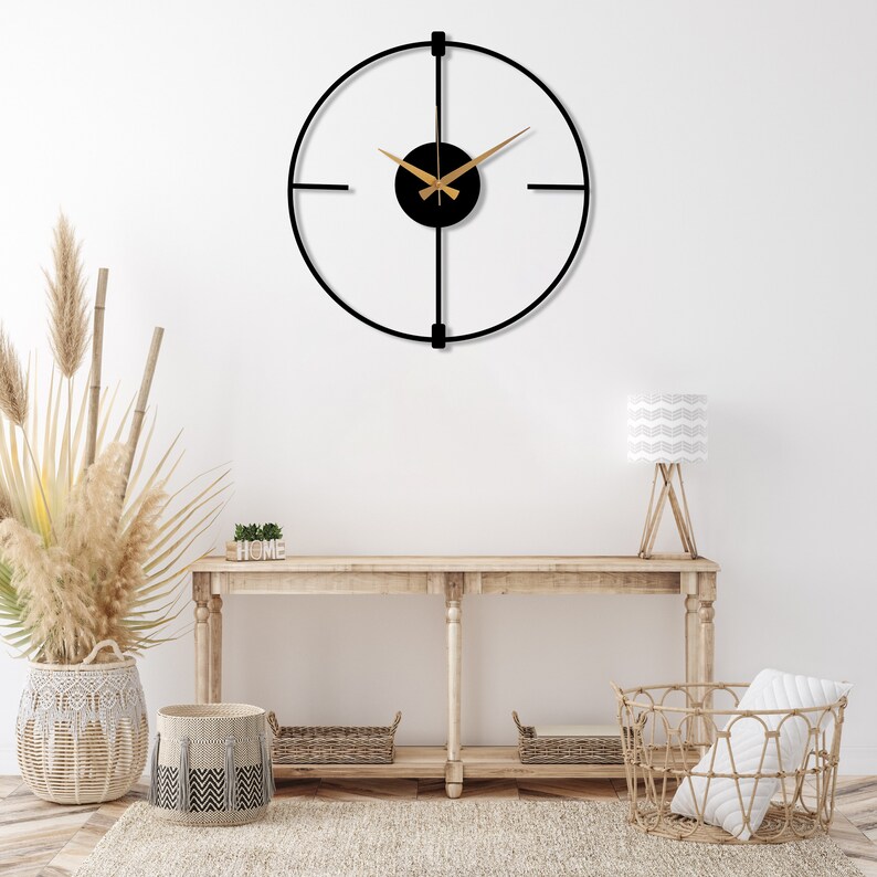 Black Minimalist Clock Boho Wall Clock Living Room Metal Etsy