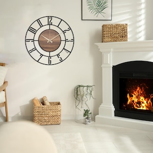 Black Large Wall Clock, Modern Wooden Wall Clock, Mid Century Silent Clock, Retro Wall Clock, Unique Clock for Wall, Metal Wooden Home Clock image 6