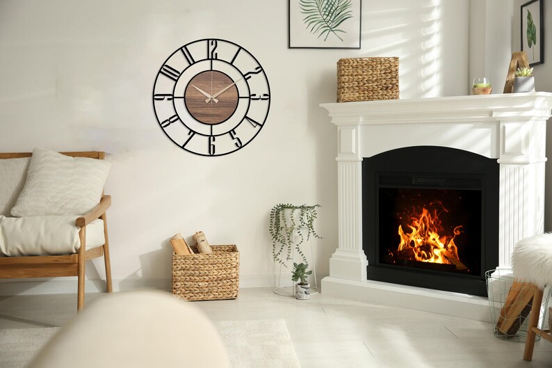 Black Large Wall Clock, Modern Wooden Wall Clock, Mid Century Silent Clock, Retro Wall Clock, Unique Clock for Wall, Metal Wooden Home Clock image 6