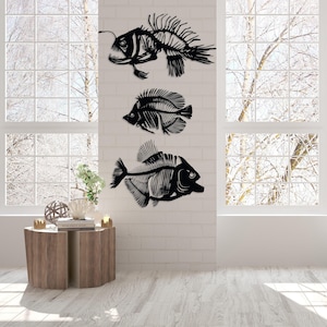 Fish Metal Wall Art Set of 3, Fishbones Wall Decor, School of Fish Decor, Fish Skeleton Decor, Bathroom Decor, Nautical Gift, Interior Decor