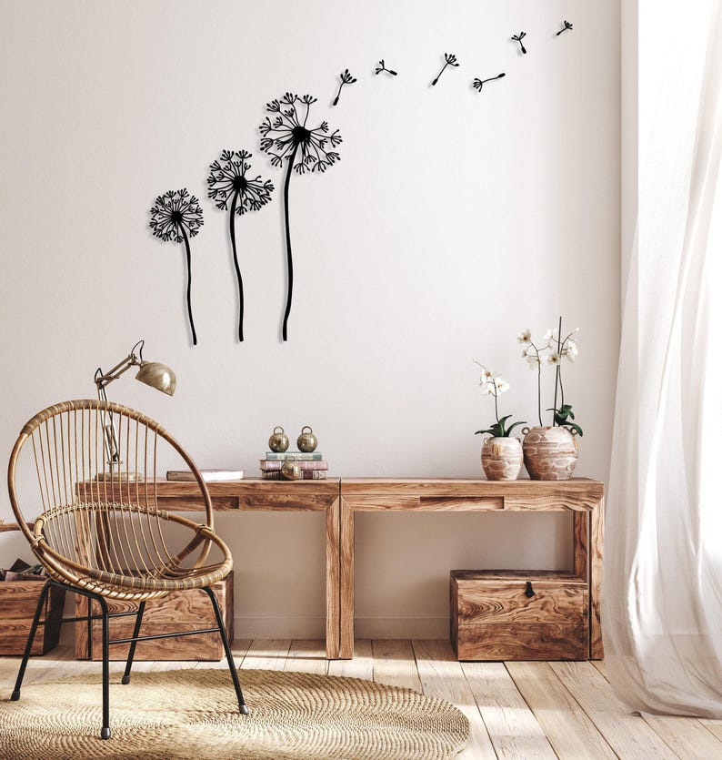 Decorazione murale in metallo a forma di fiore di tarassaco, arte murale con tarassaco, decorazione unica per la casa, decorazione naturale per il soggiorno, tarassaco Patel, semi volanti di Pusteblume immagine 2