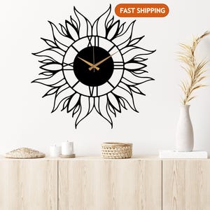Black Large Sun Metal Wall Clock, Minimalist Wall Clock, Oversize Silent Wall Clock, Unique Design Wall Clock Art, Horloge Murale, Wanduhr