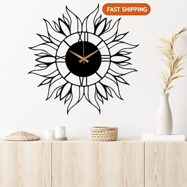 Black Large Sun Metal Wall Clock, Minimalist Wall Clock, Oversize Silent Wall Clock, Unique Design Wall Clock Art, Horloge Murale, Wanduhr
