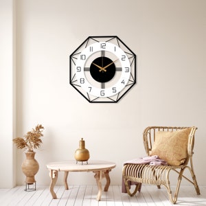 Grande horloge murale moderne, métal avec horloge en bois du milieu du siècle, horloge pour mur, horloge murale de bureau à domicile, horloge unique silencieuse, décor de salon image 6