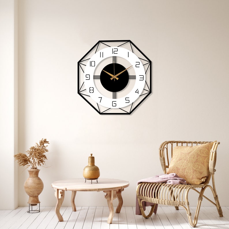 Grande horloge murale moderne, métal avec horloge en bois du milieu du siècle, horloge pour mur, horloge murale de bureau à domicile, horloge unique silencieuse, décor de salon image 6