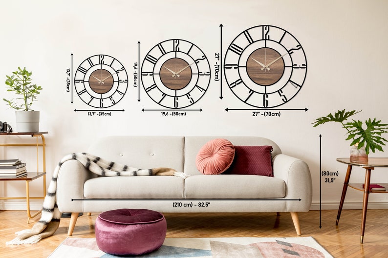 Black Large Wall Clock, Modern Wooden Wall Clock, Mid Century Silent Clock, Retro Wall Clock, Unique Clock for Wall, Metal Wooden Home Clock image 8