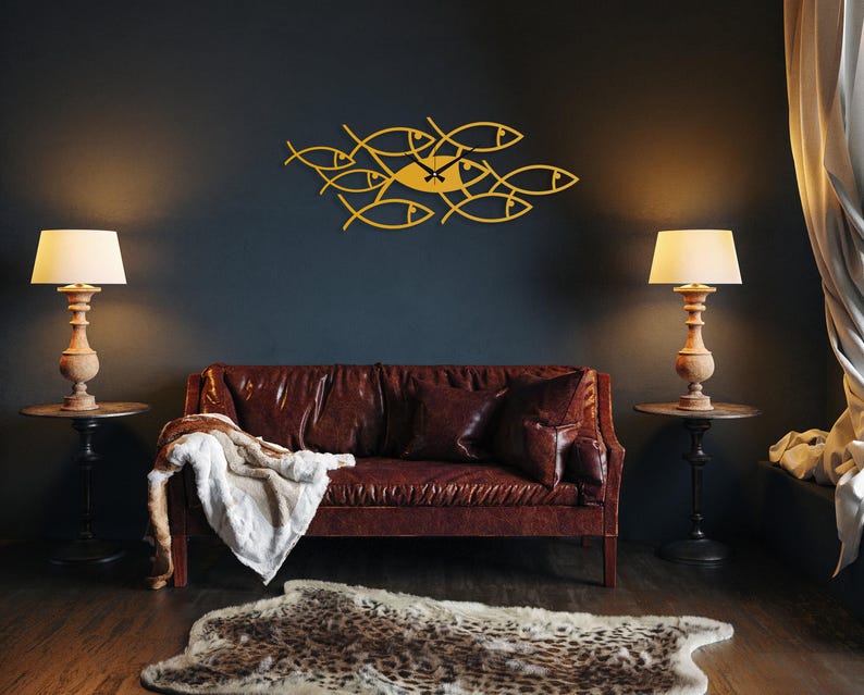 Black Fish Metal Clock, Art Wall Clock, Kitchen Wall Clock, Design Wall Clock, Minimalist Silent Clock, Horloge Murale,Clock for Living Room Gold