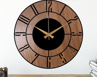 Metal Wooden Wall Clock,Modern Wood Clock,Farmhouse Wood Wall Clock,Black Large Wall Clock,Country House Decor,Industrial Wall Clock,Wanduhr