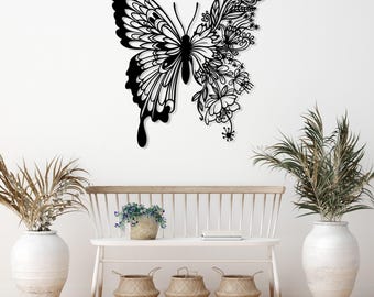 Flower Butterfly Metal Wall Decor, Butterfly Home Decor, Animal Metal Wall Art, Nature Sculpture for Livingroom, Office, Bedroom, Kitchen