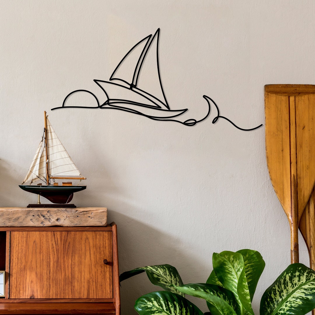 Sailboat Metal Wall Decor, Sea Life Line Wall Art, Sun and Wave Decor