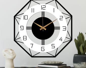 Modern Large Wall Clock, Metal with Wood Mid Century Clock, Clock For Wall, Home Office Wall Clock, Silent Unique Clock, Living Room Decor