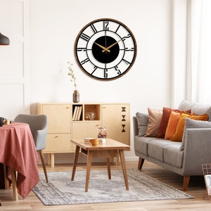 Moderne Mid-Century-Wanduhr, Metall mit Holzwanduhr, übergroße stille Uhr, einzigartige Wohnuhr, Bauernhaus-Wanduhr, Design-Uhr-Kunst Bild 5