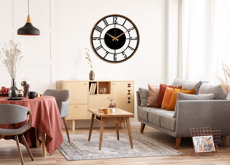 Mid Century Modern Wall Clock, Metal with Wooden Wall Clock, Oversize Silent Clock, Unique Home Clock, Farmhouse Wall Clock,Design Clock Art afbeelding 5