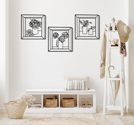 ESTART 3 decorazioni floreali da parete in metallo, minimalista, arte floreale da appendere alla parete, scultura artistica da parete con linea astratta per camera da letto, bagno, soggiorno, cucina