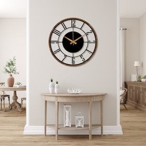 Moderne Mid-Century-Wanduhr, Metall mit Holzwanduhr, übergroße stille Uhr, einzigartige Wohnuhr, Bauernhaus-Wanduhr, Design-Uhr-Kunst Bild 7