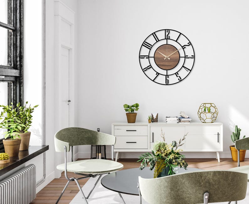 Black Large Wall Clock, Modern Wooden Wall Clock, Mid Century Silent Clock, Retro Wall Clock, Unique Clock for Wall, Metal Wooden Home Clock image 10