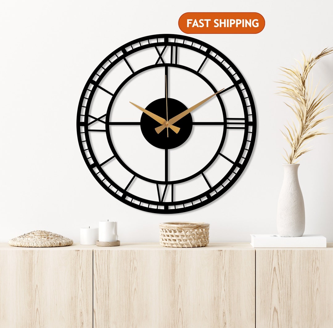 Black Large Metal Wall Clock, Modern Silent Wall Clock , Unique Home