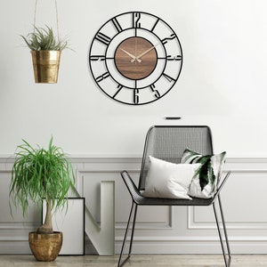 Black Large Wall Clock, Modern Wooden Wall Clock, Mid Century Silent Clock, Retro Wall Clock, Unique Clock for Wall, Metal Wooden Home Clock afbeelding 4
