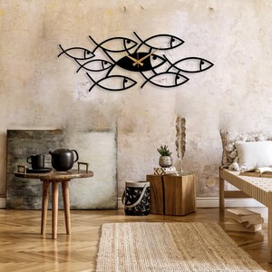 Black Fish Metal Clock, Art Wall Clock, Kitchen Wall Clock, Design Wall Clock, Minimalist Silent Clock, Horloge Murale,Clock for Living Room image 2