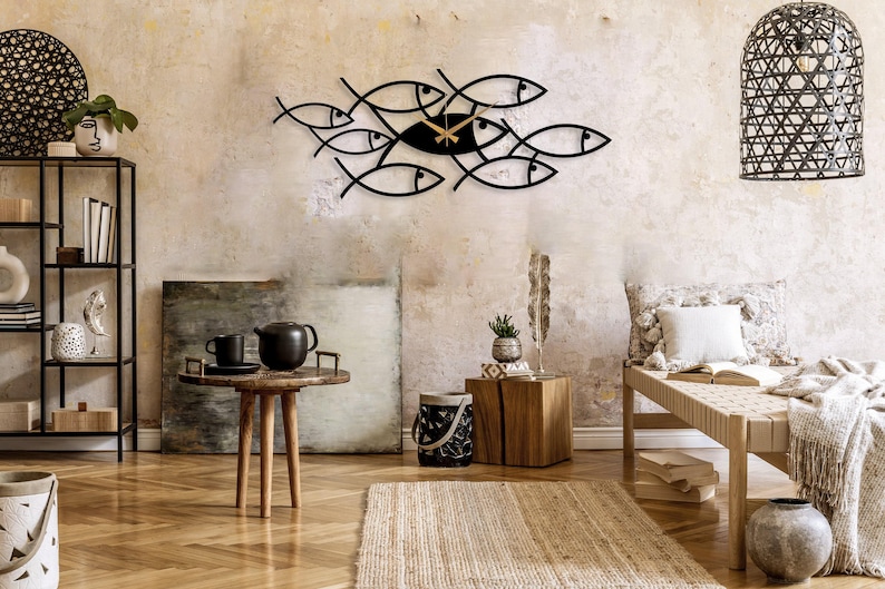 Black Fish Metal Clock, Art Wall Clock, Kitchen Wall Clock, Design Wall Clock, Minimalist Silent Clock, Horloge Murale,Clock for Living Room image 2