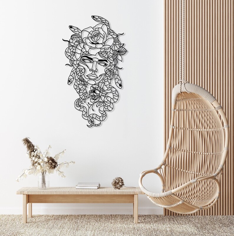 Arte de pared de metal de Medusa, decoración de cabeza de Medusa de la mitología griega, arte de pared mítico, diseño de interiores para sala de estar, arte de pared de gran tamaño, decoración única para el hogar Black