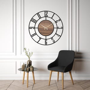 Black Large Wall Clock, Modern Wooden Wall Clock, Mid Century Silent Clock, Retro Wall Clock, Unique Clock for Wall, Metal Wooden Home Clock image 9
