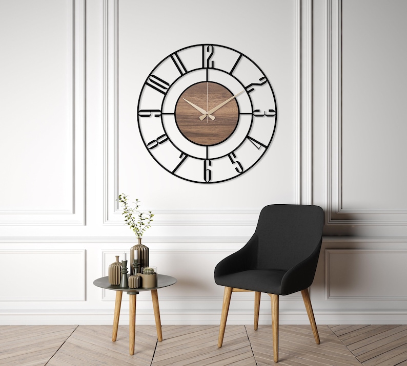 Black Large Wall Clock, Modern Wooden Wall Clock, Mid Century Silent Clock, Retro Wall Clock, Unique Clock for Wall, Metal Wooden Home Clock image 9