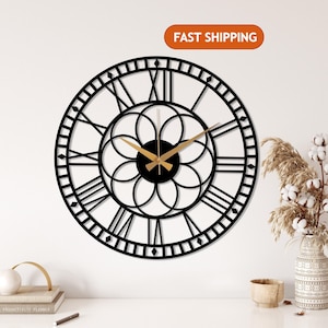 Black Metal Large Wall Clock, Oversize Silent Clock, Unique Art Home Decor, Metal Wall Art, Horloge Murale, Housewarming Gift, Design Clocks