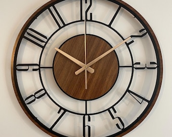 Large Wooden Metal Wall Clock, Mid Century Modern Wood Wall Clock, Farmhouse Clock Gift, Unique Silent Clock, Modern Metal Wooden Clock Gift