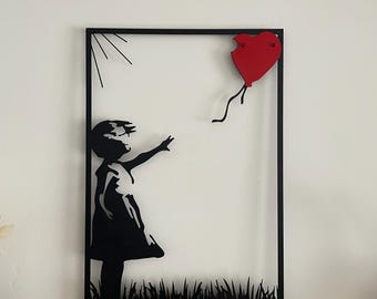 Arte de pared de metal con diseño de chica globo de Banksy, chica con globo de Banksy, grafiti grande de Banksy, decoración de pared moderna para sala de estar, decoración del hogar