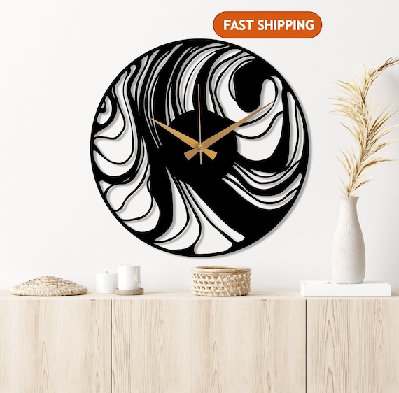 Abstract Metal Wall Clock, Mid-Century Contemporary Clock, Black Large Modern Wall Art, Minimalist Unique Home Decor, Wanduhr,Horloge Murale