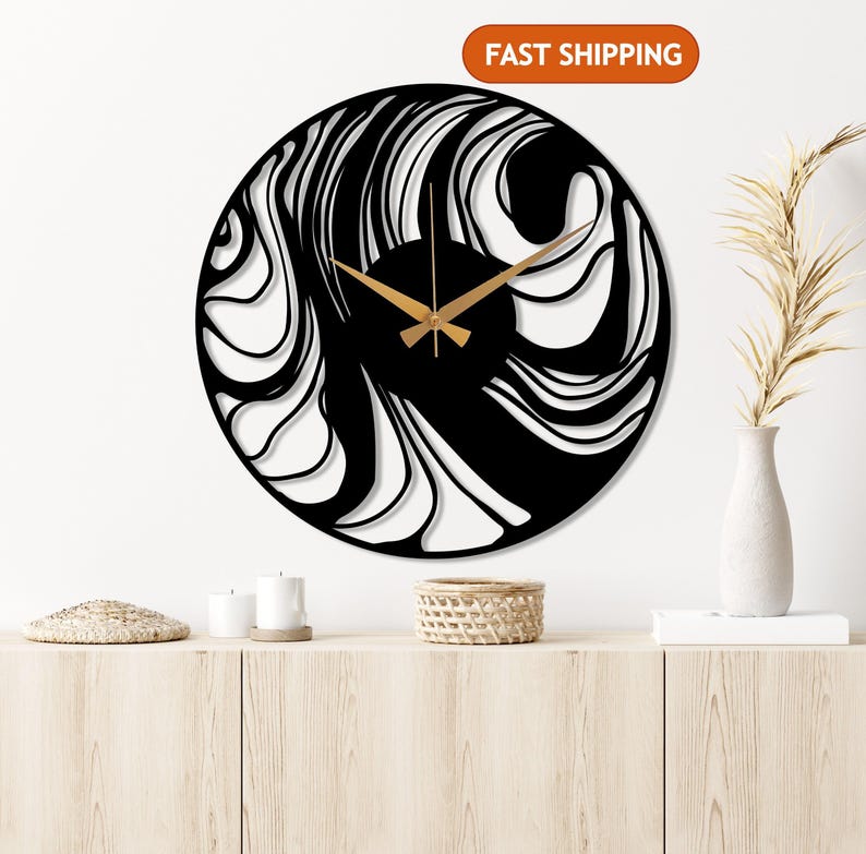 Abstract Metal Wall Clock, Mid-Century Contemporary Clock, Black Large Modern Wall Art, Minimalist Unique Home Decor, Wanduhr,Horloge Murale Black