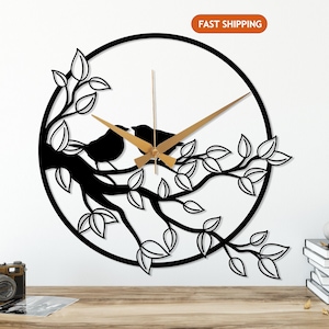 Birds on Branch Metal Wall Clock, Metal Birds Wall Clock, Modern Silent Wall Clock, Interior Design Clock,Animal Themed Clock,Birds Art Sign