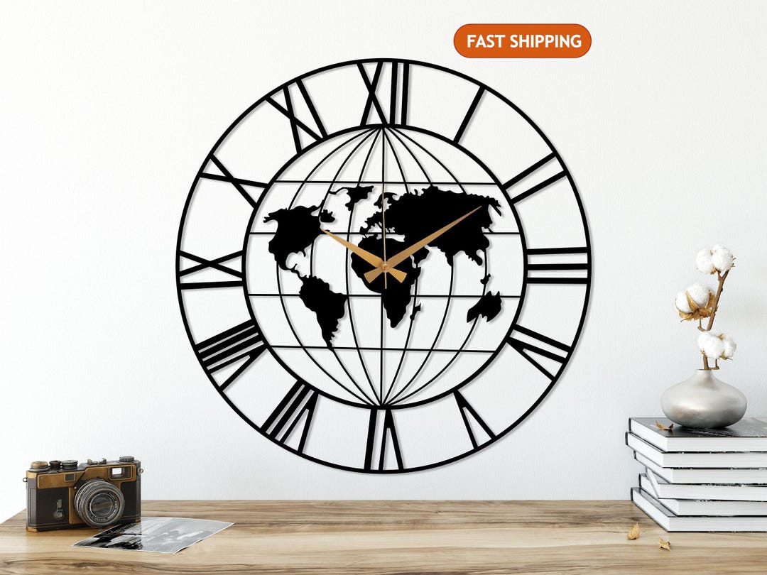 World Map Metal Wall Clock, Earth Wall Clock, Geographic Compass Clock ...