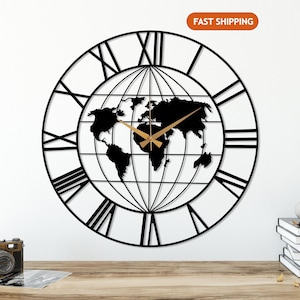 World Map Metal Wall Clock, Earth Wall Clock, Geographic Compass Clock, Best Traveler Gift, Office Wall Decor, Silent Black Metal Clock Art