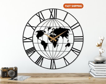 World Map Metal Wall Clock, Earth Wall Clock, Geographic Compass Clock, Best Traveler Gift, Office Wall Decor, Silent Black Metal Clock Art