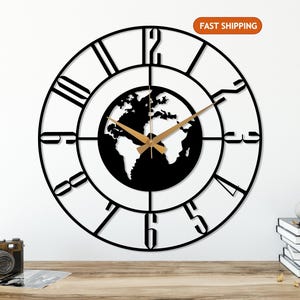 Large Metal World Map Wall Clock, Modern Wall Clock, Office Silent Clock, Gift for Traveler, World Map Clock, Unique Home Decor, Clock Art